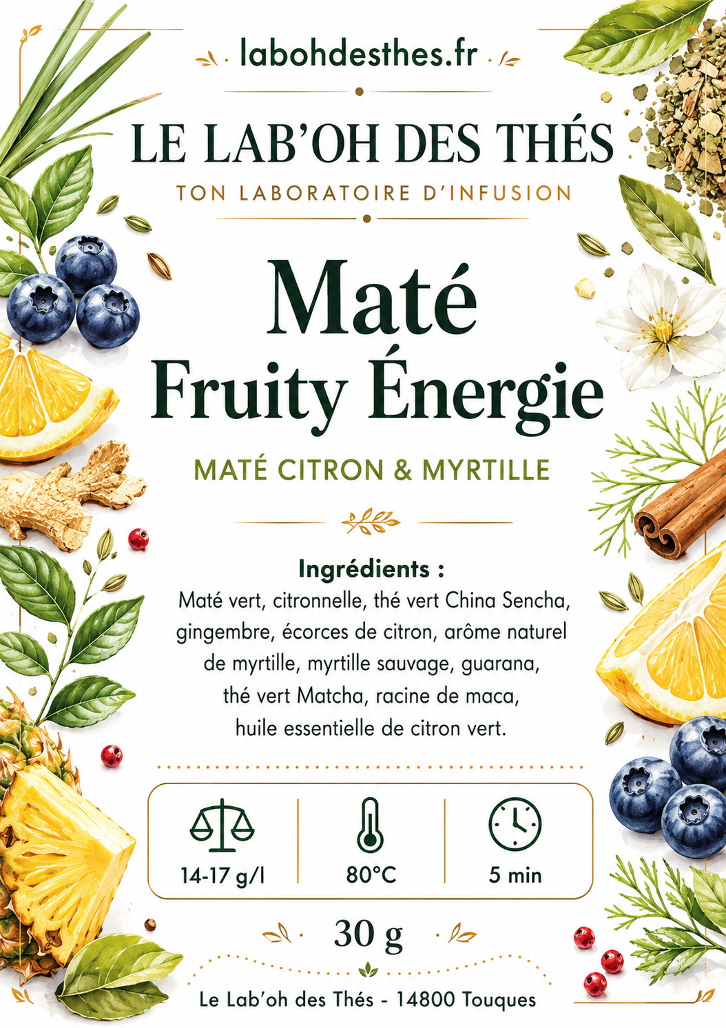Maté Fruity Énergie – Infusion Énergisante Myrtille, Citron Vert & Guarana