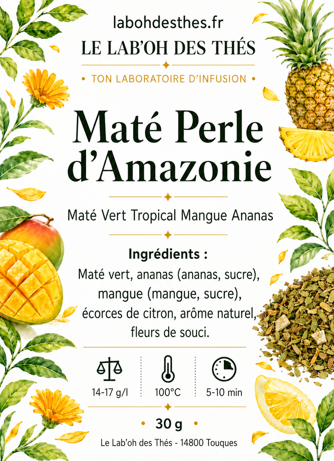 Étiquette Maté Perle d'Amazonie - composition maté vert mangue ananas citron tropical
