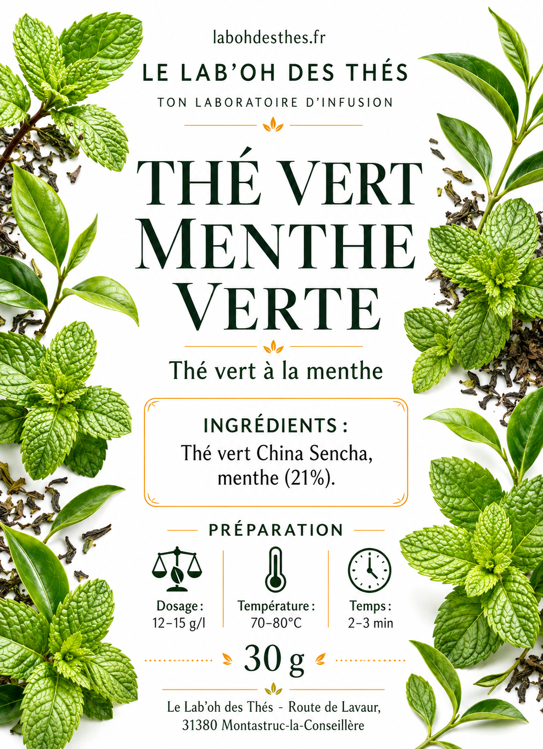 Étiquette Thé Vert Menthe Verte - composition China Sencha menthe verte léger digestif rafraîchissant