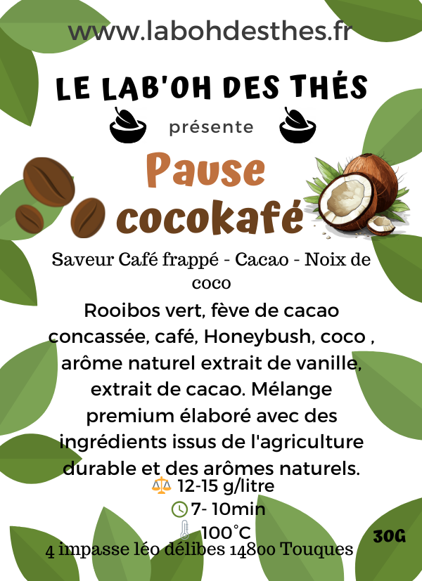 Étiquette Pause cocokafé - composition rooibos vert café cacao coco vanille exotique