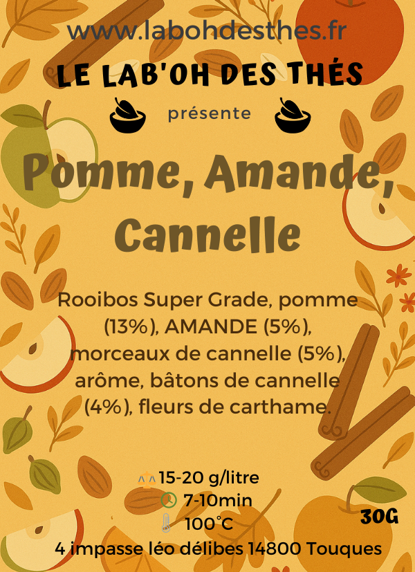 Étiquette Pomme, Amande, Cannelle – composition rooibos pomme amande cannelle carthame – Le Lab'oh des Thés