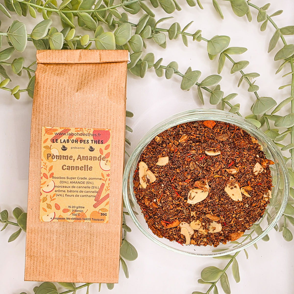 Pomme, Amande, Cannelle rooibos en sachet et vrac – pomme cannelle amande carthame – Le Lab'oh des Thés