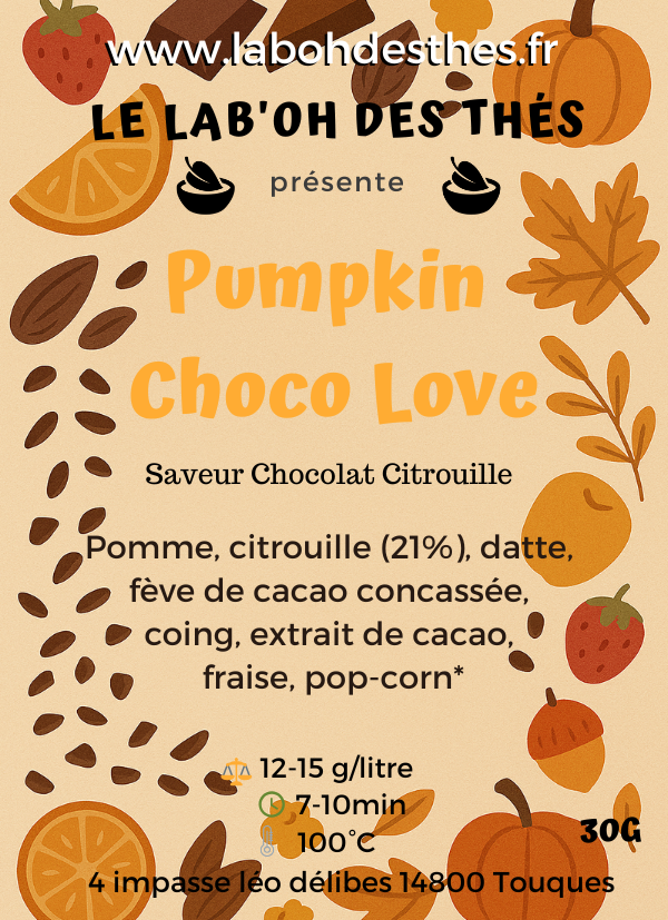 Étiquette Pumpkin Choco Love - composition citrouille cacao chocolat pomme infusion réconfortante