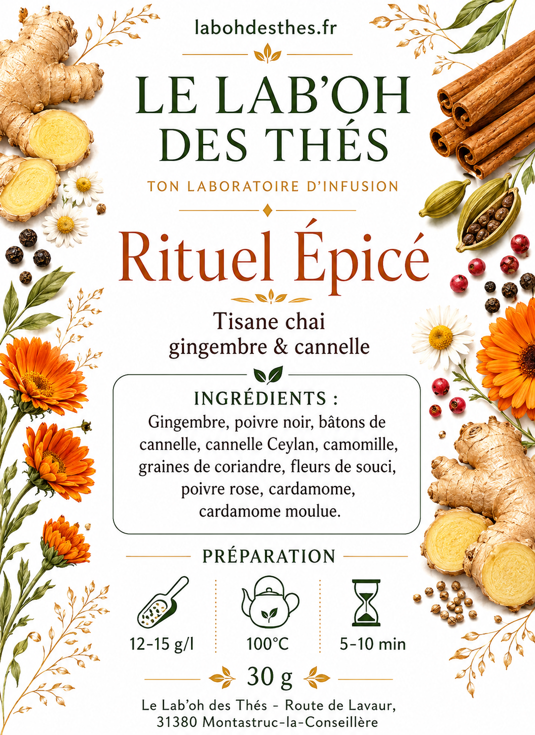 Étiquette Rituel Épicé – composition gingembre cannelle cardamome poivre noir poivre rose camomille coriandre – Le Lab'oh des Thés