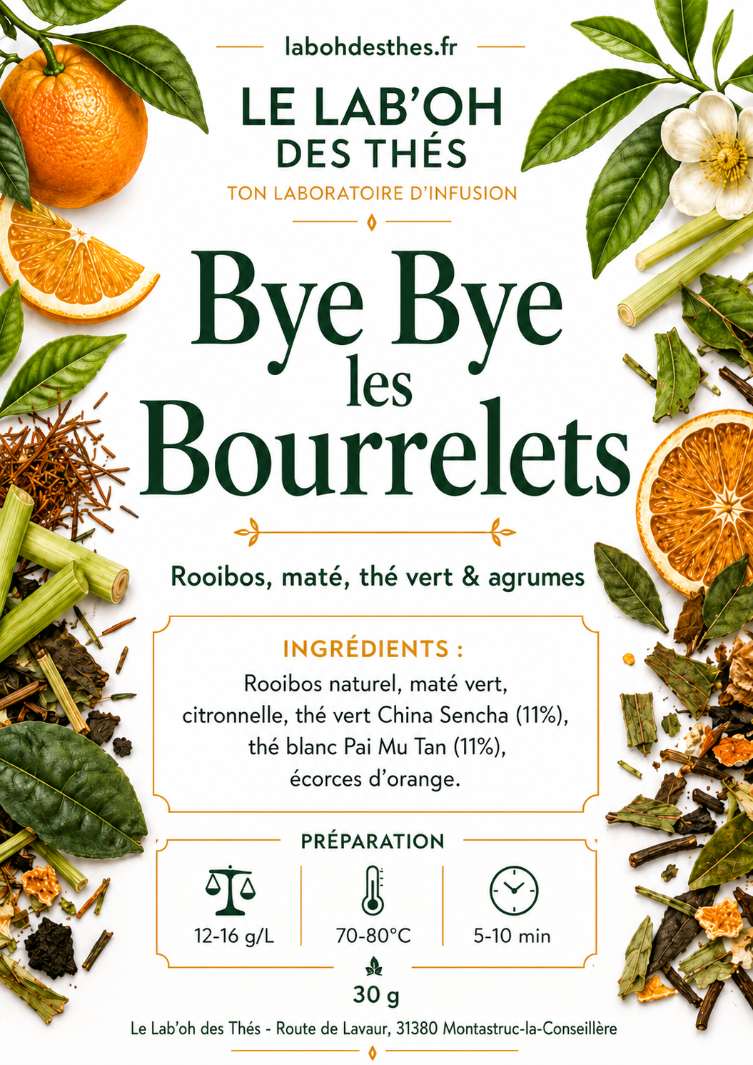 Étiquette Rooibos Bye Bye Bourrelets - composition rooibos maté thé vert thé blanc détox bien-être