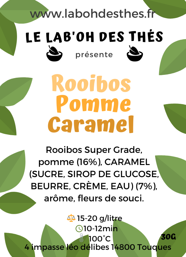 Étiquette Rooibos Pomme Caramel – composition rooibos super grade pomme caramel sans théine – Le Lab'oh des Thés