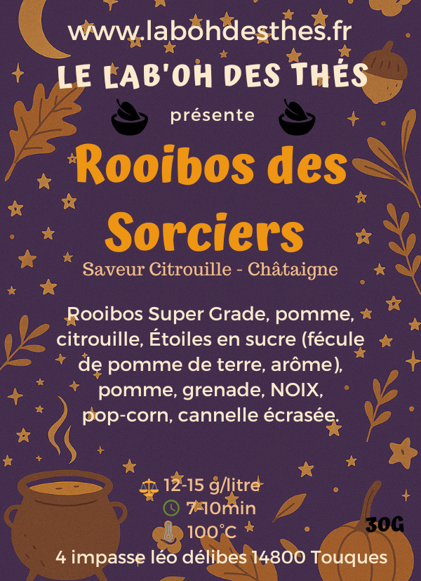 Étiquette Rooibos des Sorciers – composition rooibos citrouille châtaigne cannelle pop-corn étoiles en sucre – Le Lab'oh des Thés