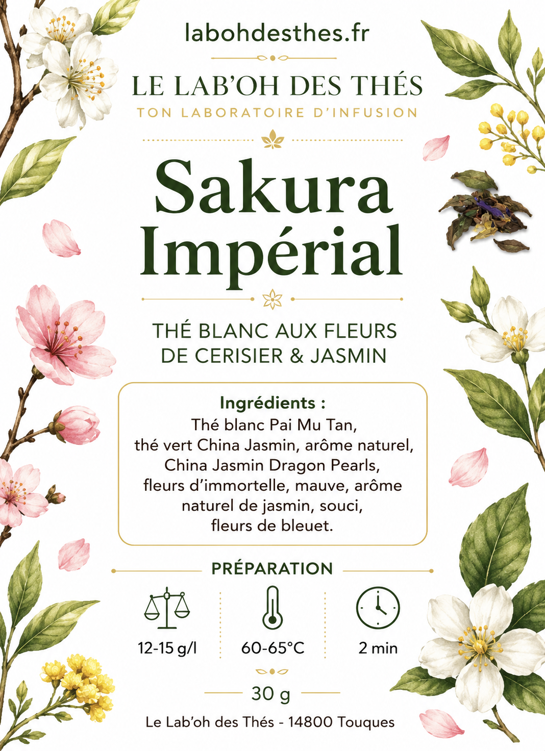Étiquette Sakura Impérial – composition thé blanc Pai Mu Tan jasmin fleurs de cerisier sureau – Le Lab'oh des Thés