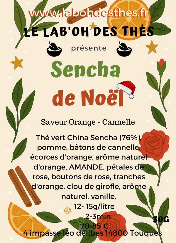 etiquette Sencha de Noël – composition thé vert sencha orange cannelle vanille amande rose – Le Lab'oh des Thés