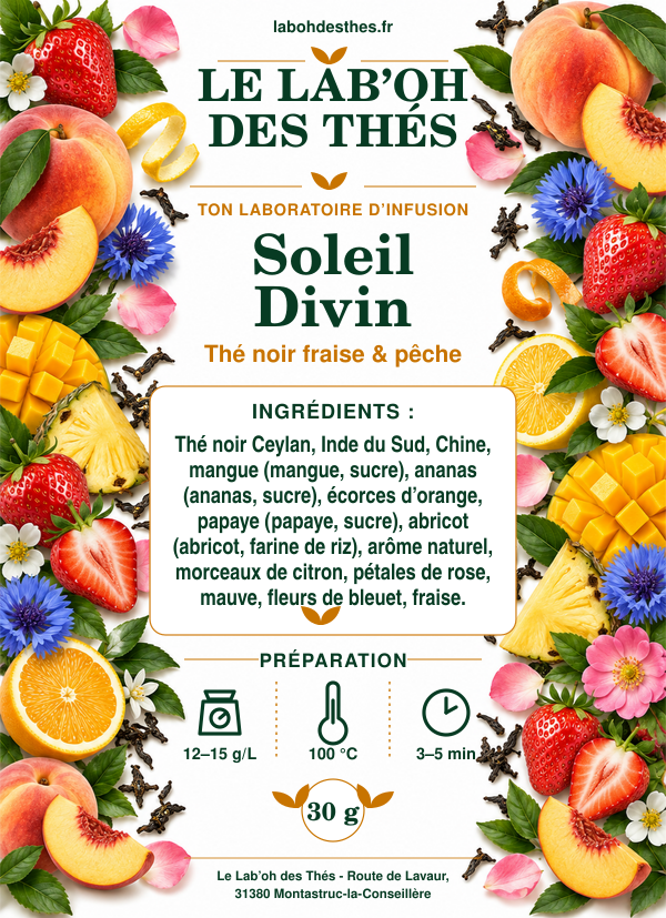Étiquette Soleil Divin, avec la composition et les conseils de préparation.