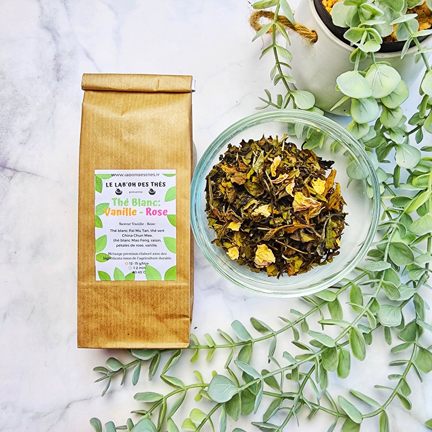 Thé Blanc Vanille Rose en sachet et vrac – Pai Mu Tan Mao Feng Chun Mee raisin pétales de rose vanille arôme naturel – Le Lab'oh des Thés