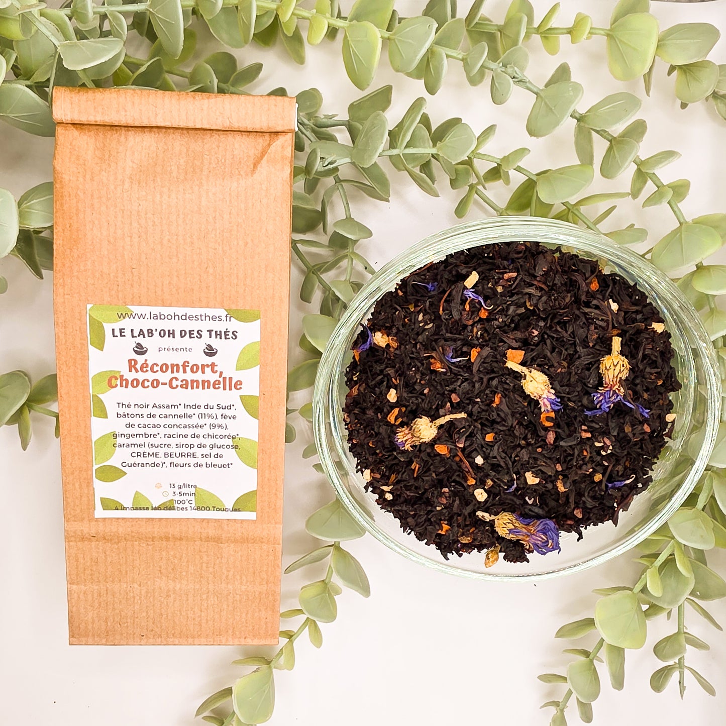 Thé Noir Réconfort Choco-Cannelle en sachet et vrac – Assam cacao concassé cannelle gingembre chicorée caramel arômes naturels – Le Lab'oh des Thés