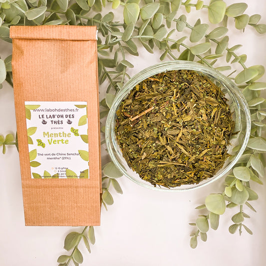 Thé Vert Menthe Verte en sachet et vrac – China Sencha 79% menthe verte 21% – Le Lab'oh des Thés