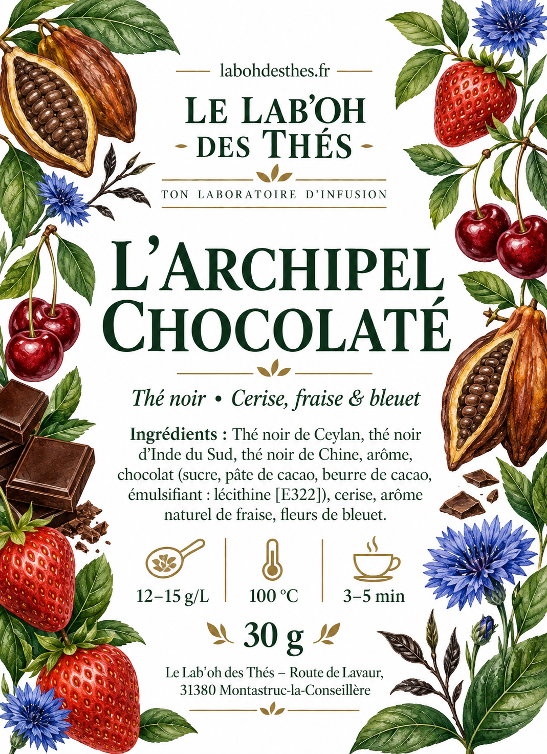 Thé Noir L’Archipel Chocolaté – Cerise, Fraise & Bleuet