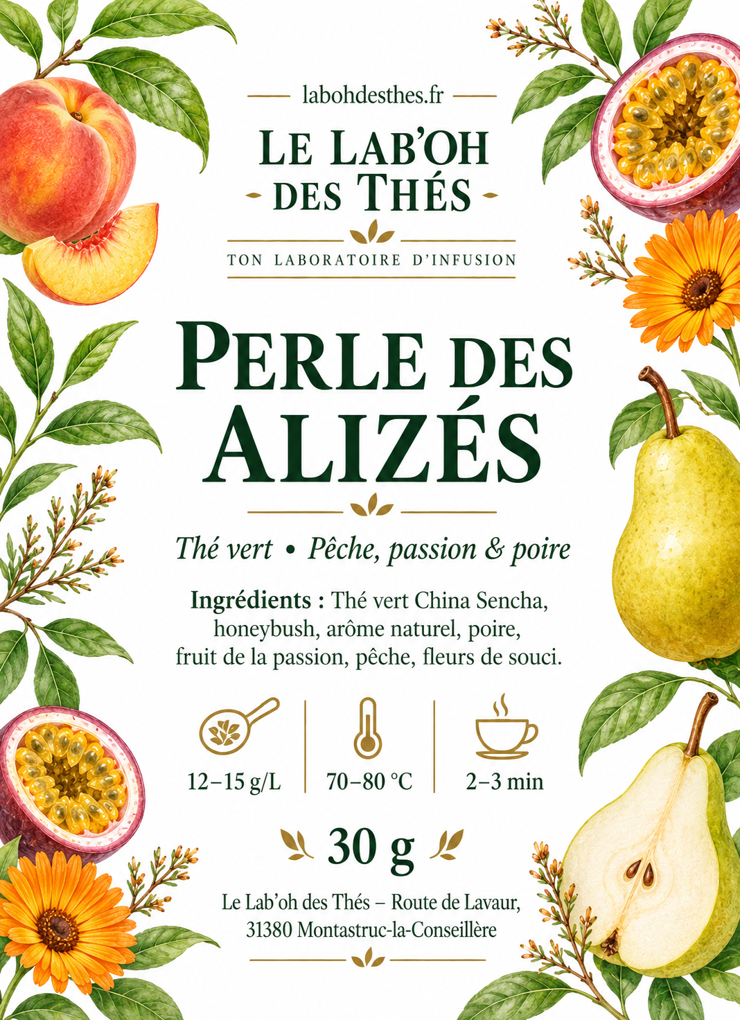 Thé Vert Perle des Alizés – Pêche, Passion & Poire