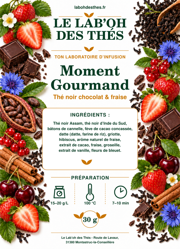 Thé Noir Moment Gourmand Choco-Fraise – étiquette sachet – Le Lab'oh des Thés