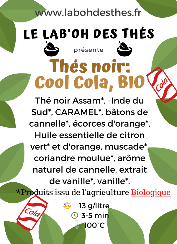 Étiquette Thé Noir Cool Cola bio - composition assam cannelle orange vanille épicé