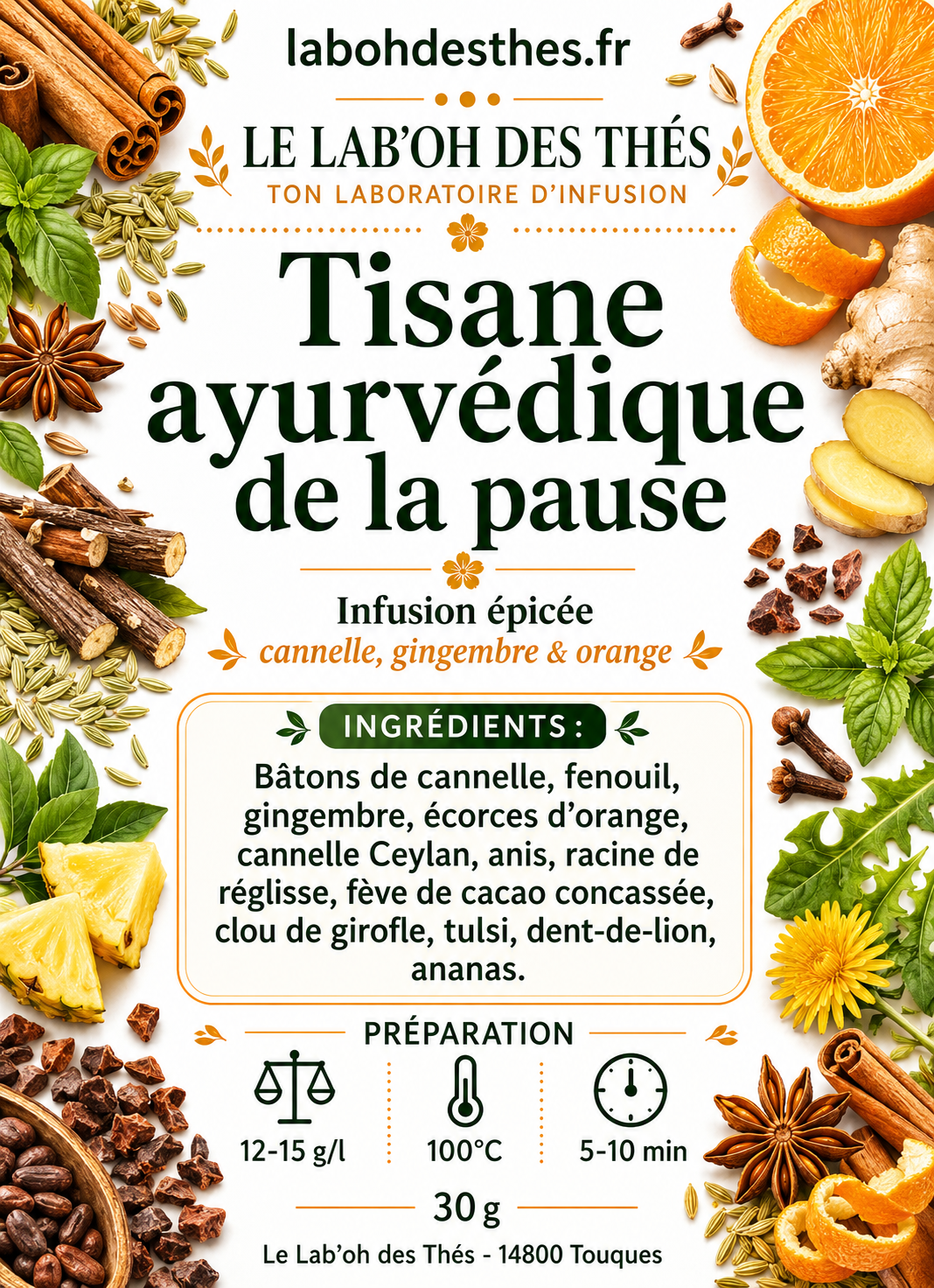 Étiquette Tisane Ayurvédique de la Pause – composition cannelle tulsi gingembre fenouil anis réglisse cacao – Le Lab'oh des Thés