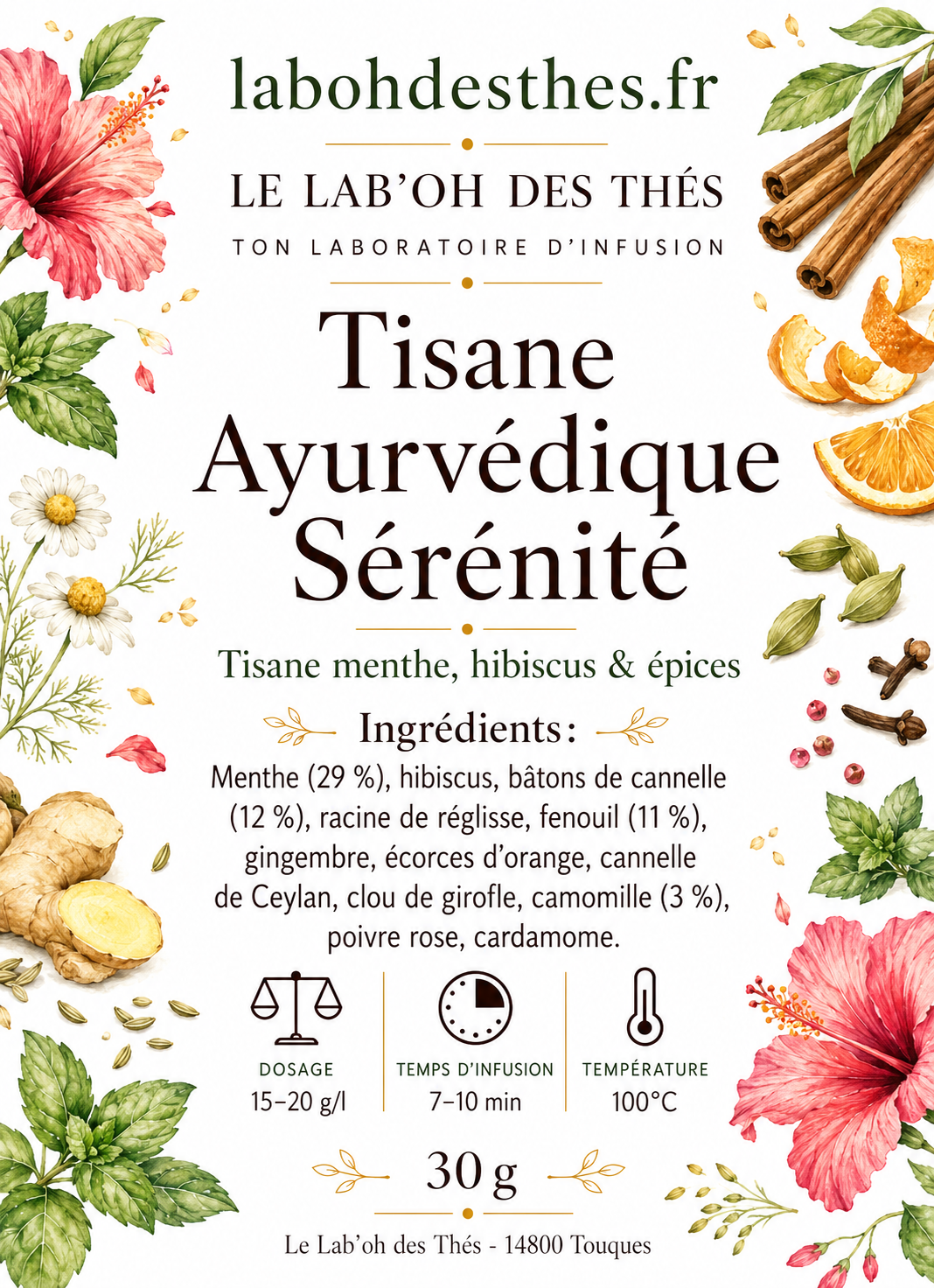 Tisane Ayurvédique Sérénité – Menthe, Camomille & Gingembre Sans Théine