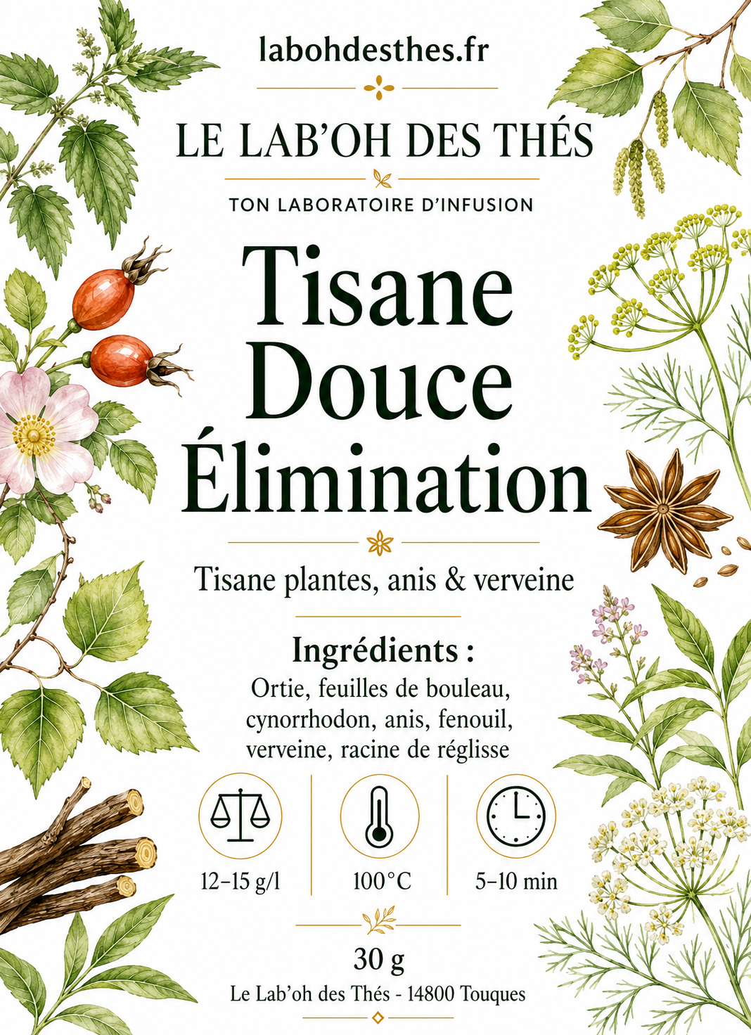 Étiquette Tisane Douce Élimination bio - composition prêle bouleau anis fenouil détox drainante
