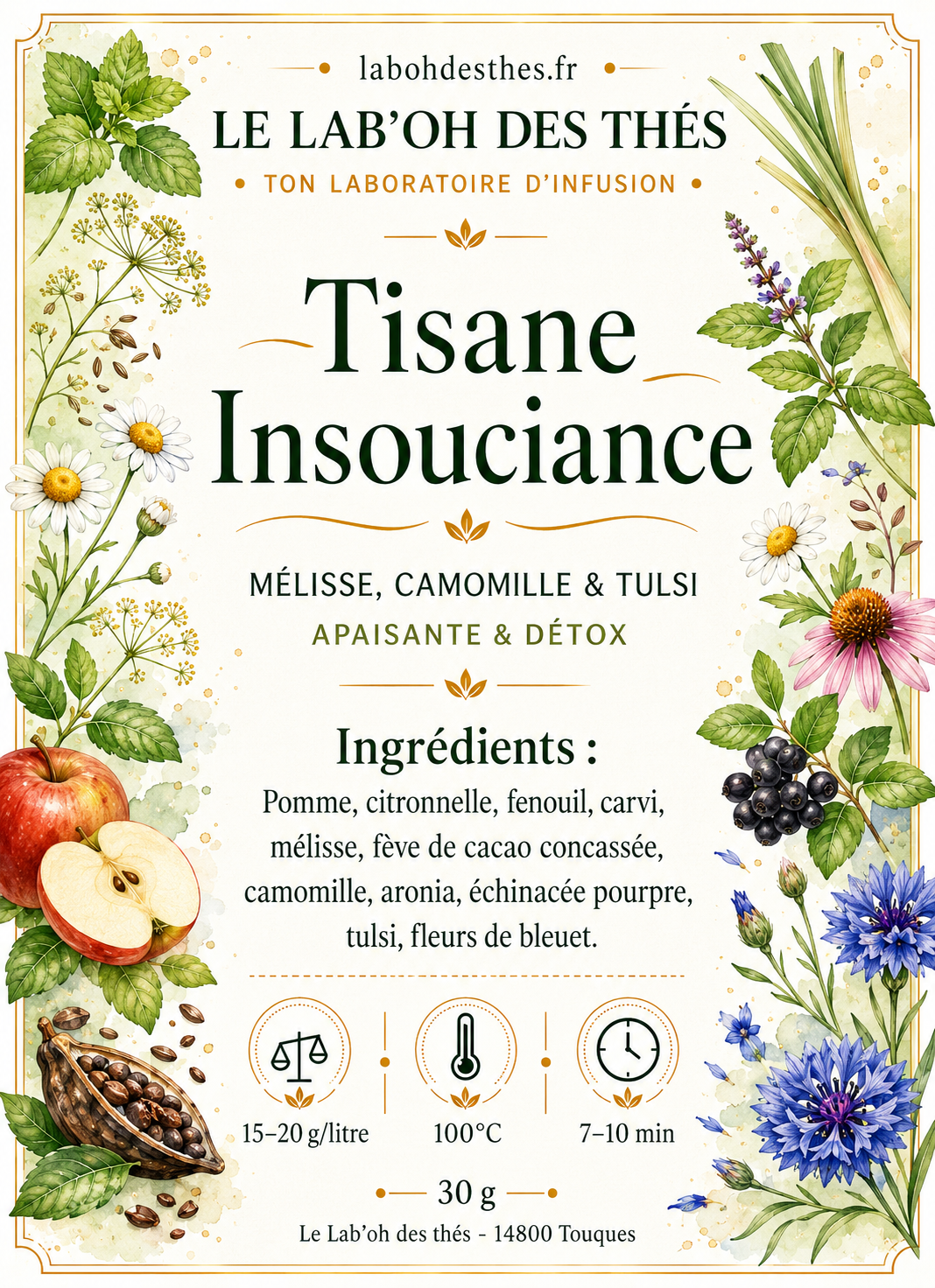 Tisane Insouciance – Mélisse, Camomille & Tulsi | Apaisante & Détox