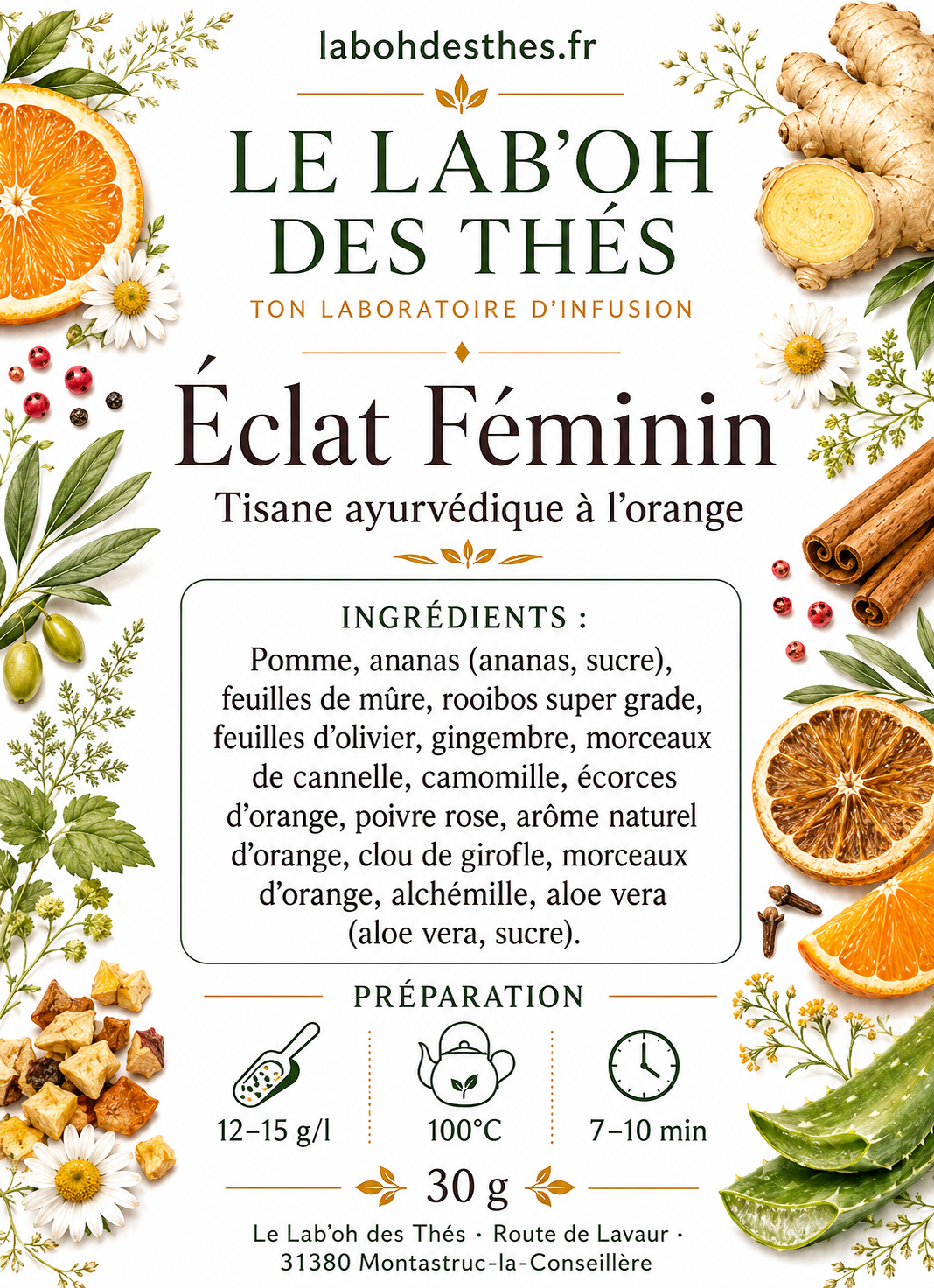 Étiquette Tisane Éclat Féminin – Orange Rooibos Pomme Épices Sans Théine – Le Lab'oh des Thés