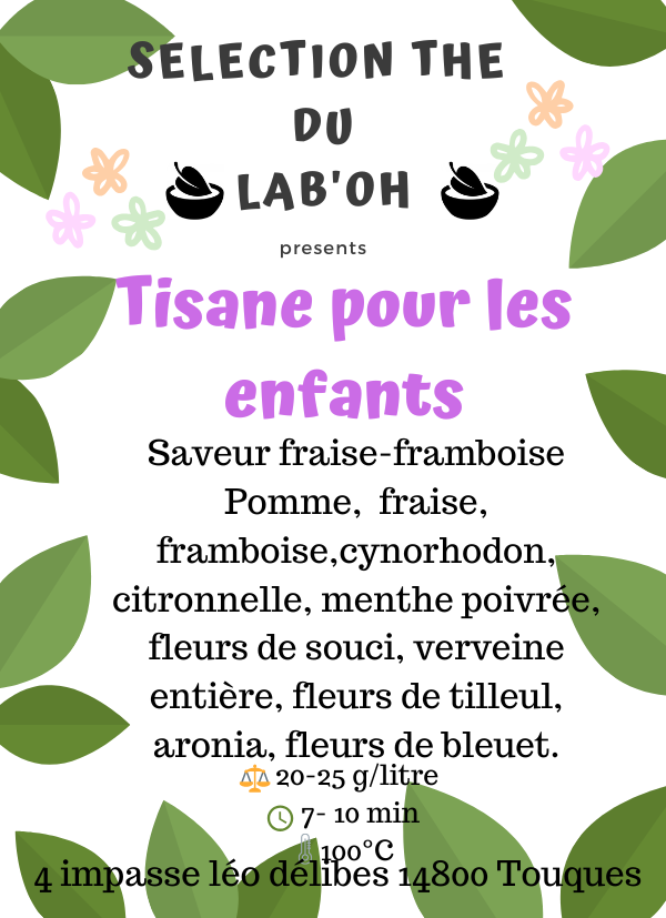 Étiquette Tisane pour Enfants - composition fraise framboise pomme verveine tilleul sans théine