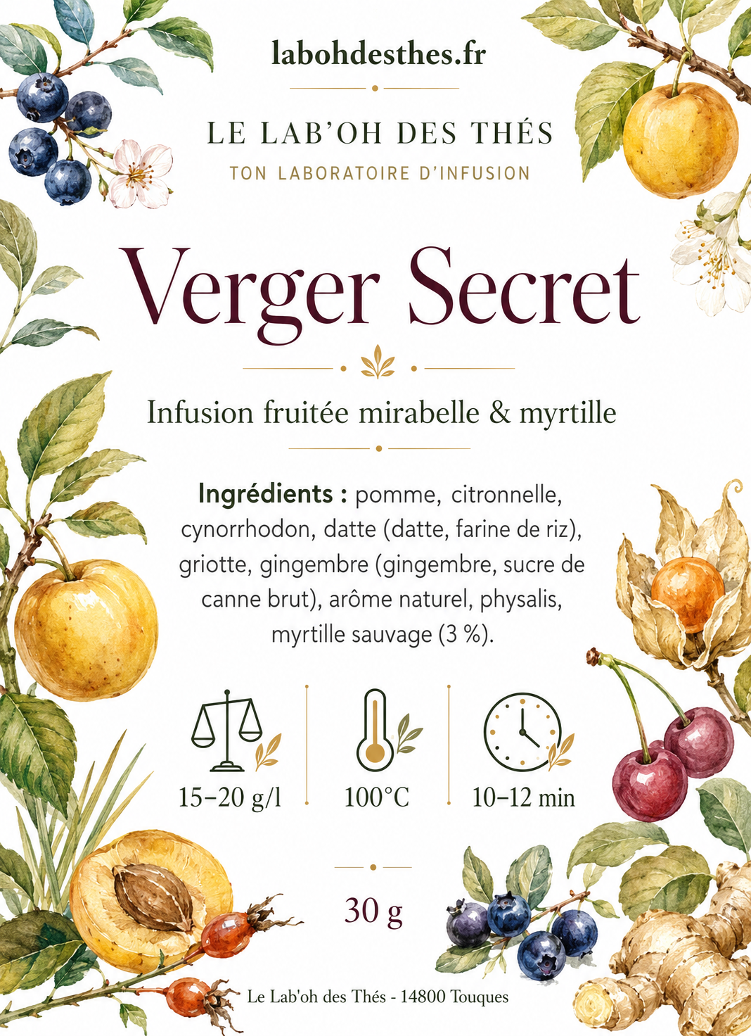Étiquette Verger Secret – infusion premium myrtille mirabelle sans théine – Lab'oh des Thés