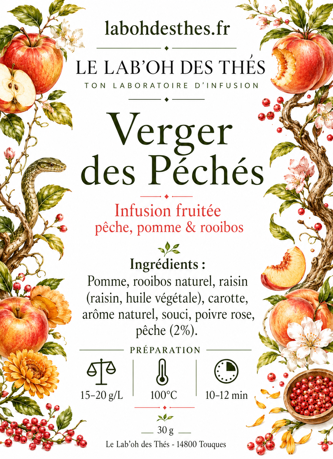 Étiquette Verger des Péchés – composition pomme rooibos raisin pêche poivre rose fleurs de souci sans théine – Le Lab'oh des Thés