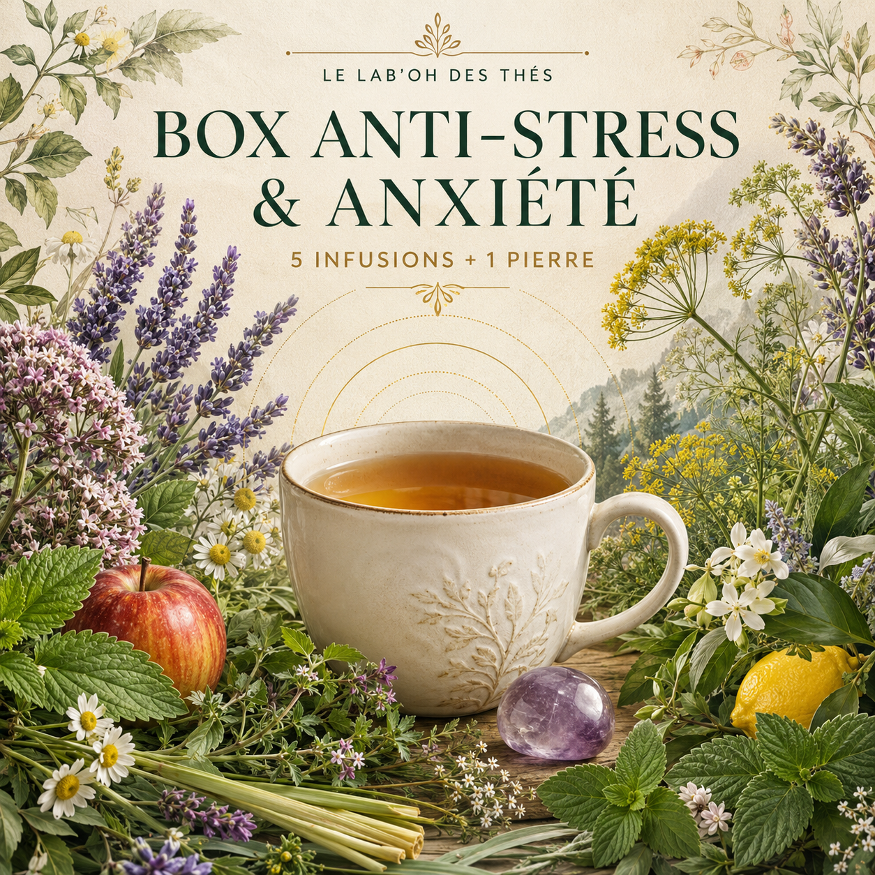 Visuel botanique de la Box Anti-Stress & Anxiété, 5 infusions et une pierre – Le Lab’oh des Thés