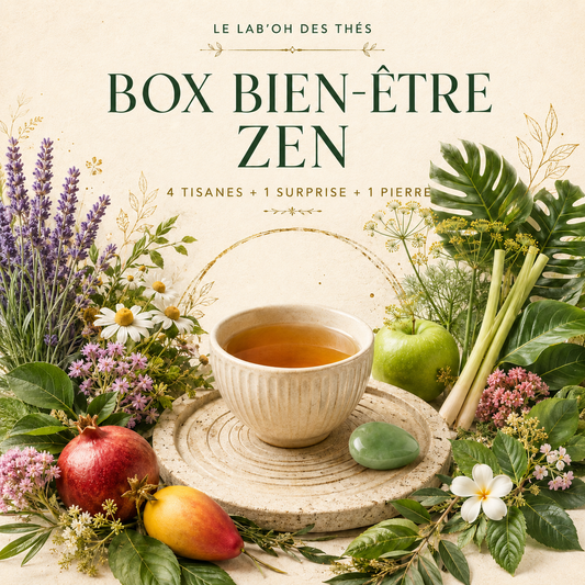 Visuel botanique de la Box Bien-être Zen, 4 tisanes, 1 surprise et 1 pierre – Le Lab’oh des Thés