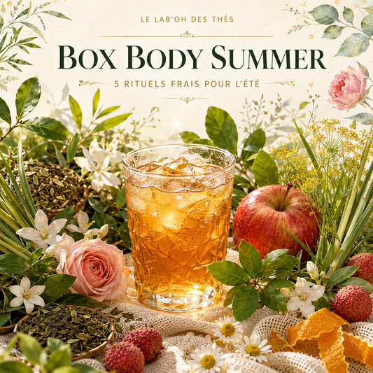 Visuel botanique de la Box Body Summer, 5 rituels frais pour l’été – Le Lab’oh des Thés