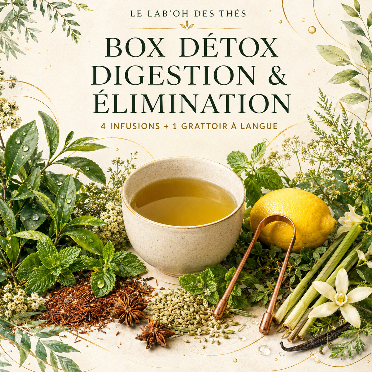 Visuel botanique de la Box Détox Digestion & Élimination, 4 infusions et un grattoir à langue – Le Lab’oh des Thés