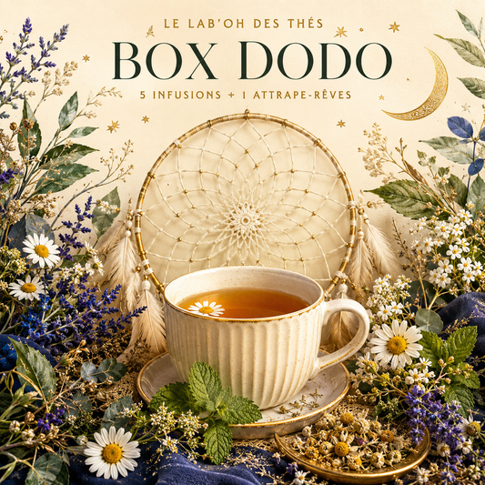 Visuel botanique de la Box Dodo, 5 infusions et un attrape-rêves – Le Lab’oh des Thés
