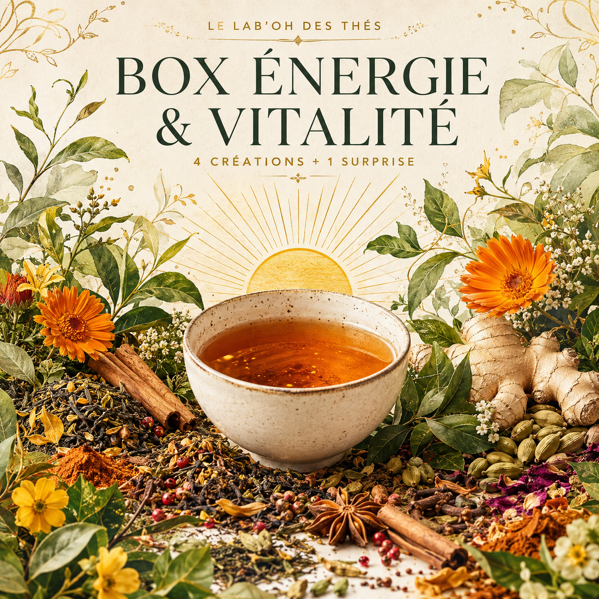 Visuel épicé de la Box Énergie & Vitalité, 4 créations et 1 surprise – Le Lab’oh des Thés
