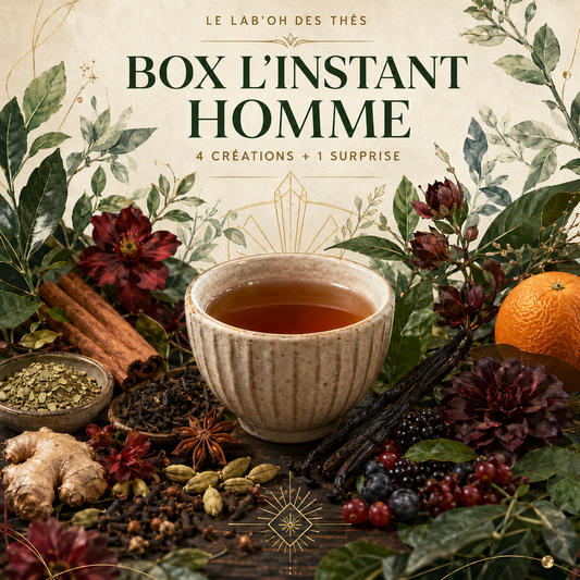 Visuel botanique de la Box L’Instant Homme, 4 créations et 1 surprise – Le Lab’oh des Thés