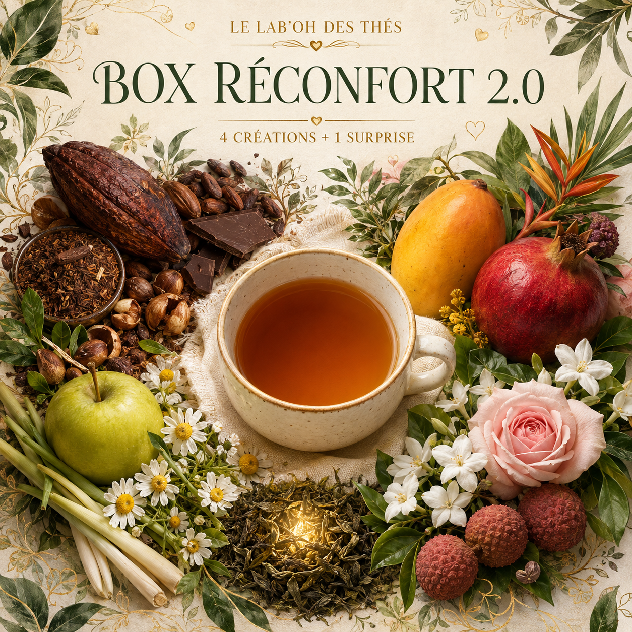 Visuel botanique de la Box Réconfort 2.0, 4 créations et 1 surprise – Le Lab’oh des Thés