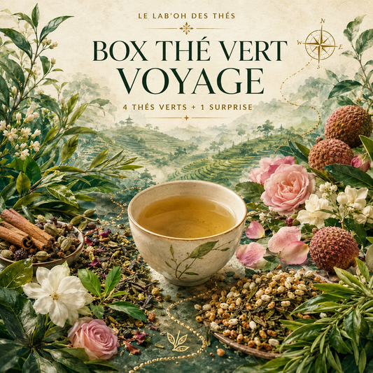 Visuel botanique de la Box Thé Vert Voyage, 4 thés verts et 1 surprise – Le Lab’oh des Thés