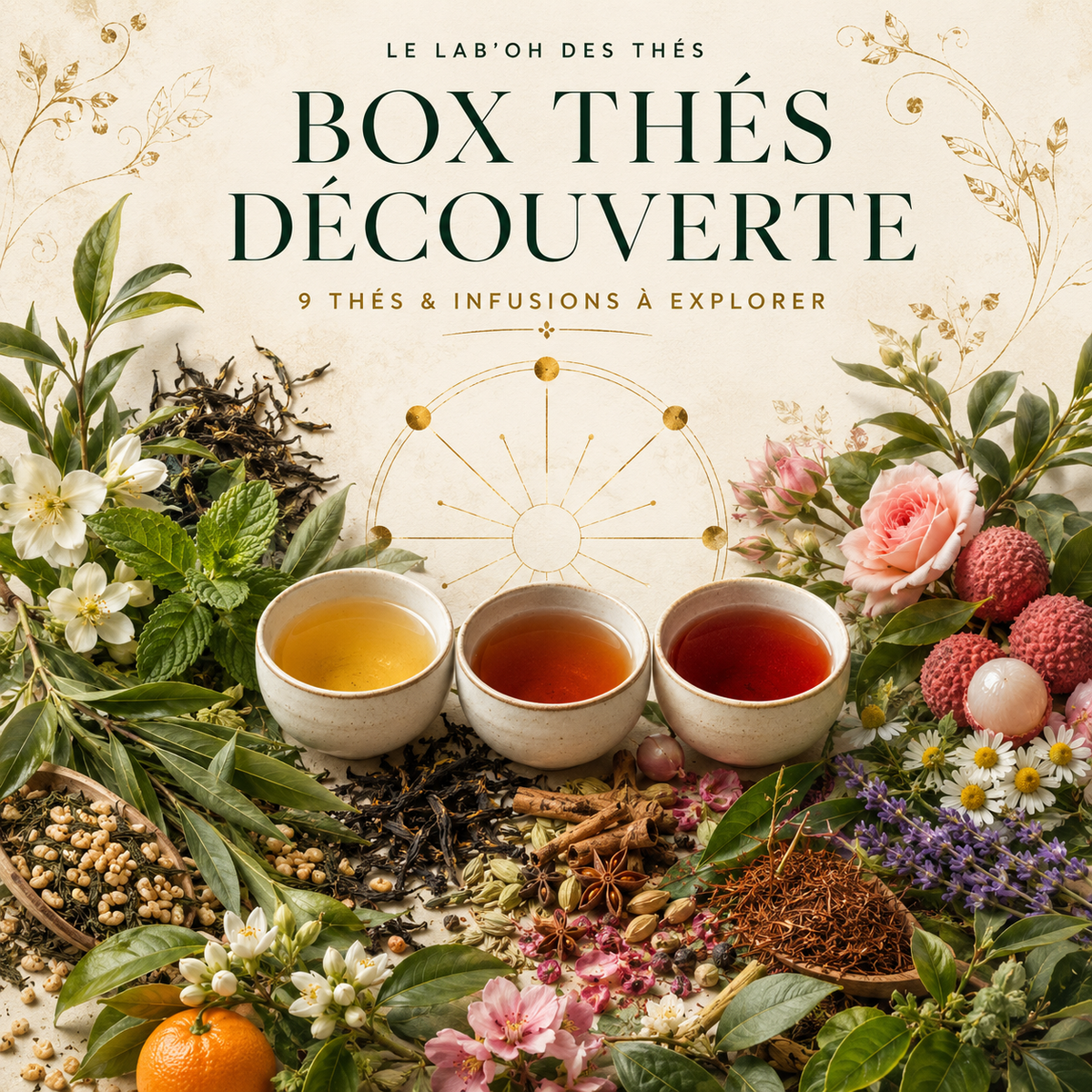 Visuel botanique de la Box Thés Découverte, 9 thés et infusions – Le Lab’oh des Thés