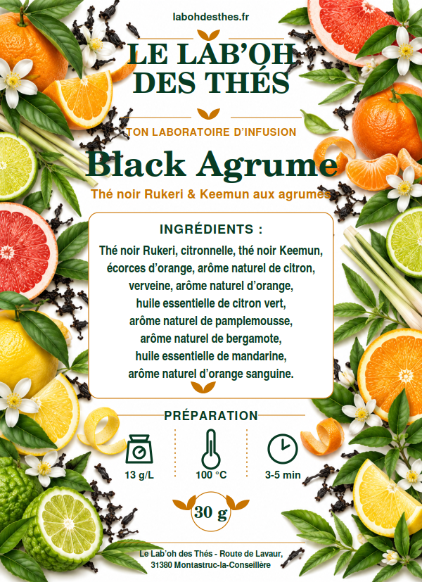 Étiquette Black Agrume – thé noir Rukeri et Keemun, orange, citron, bergamote et mandarine – Le Lab’oh des Thés
