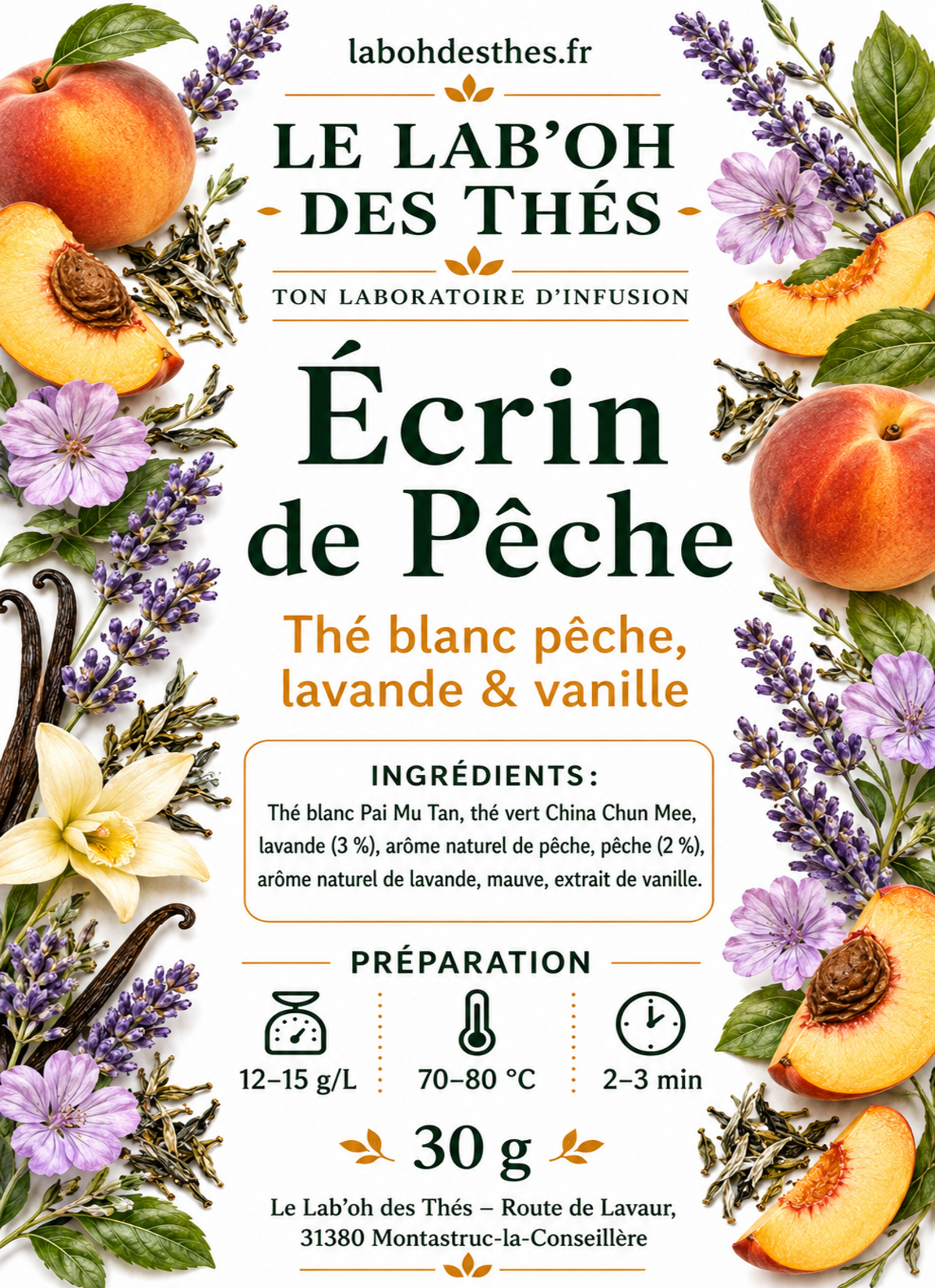 Étiquette du Thé Blanc Écrin de Pêche – Lavande & Vanille, illustrée de pêches et de fleurs de lavande