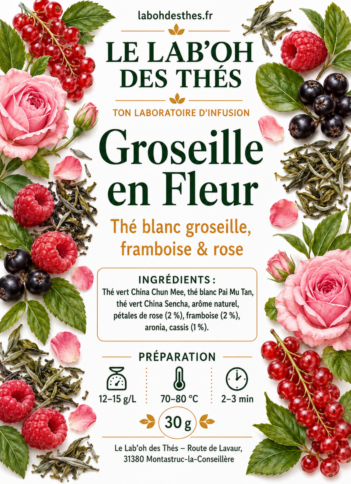 Étiquette du Thé Blanc Groseille en Fleur – Framboise & Rose, illustrée de groseilles, framboises et roses