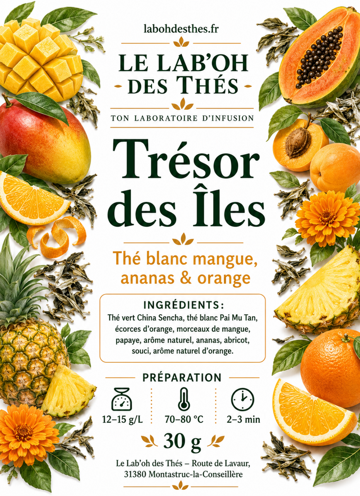 Étiquette du Thé Blanc Trésor des Îles – Mangue, Ananas & Orange, illustrée de fruits exotiques