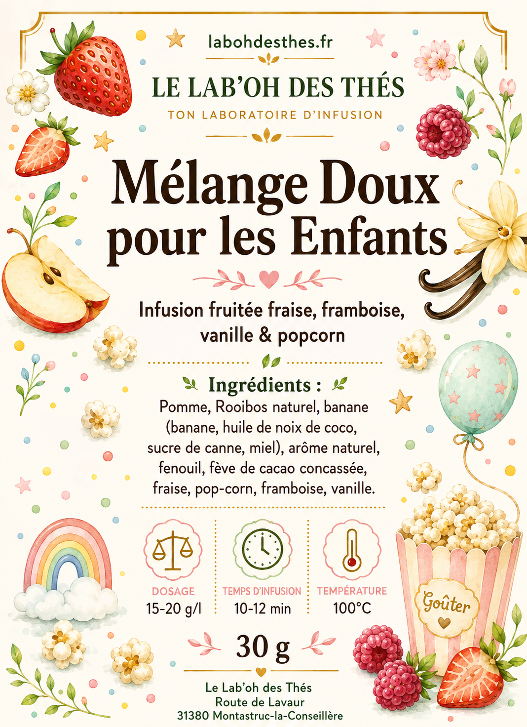 Étiquette Mélange Doux pour les Enfants – Tisane Fruitée Fraise Framboise Sans Théine – Le Lab'oh des Thés
