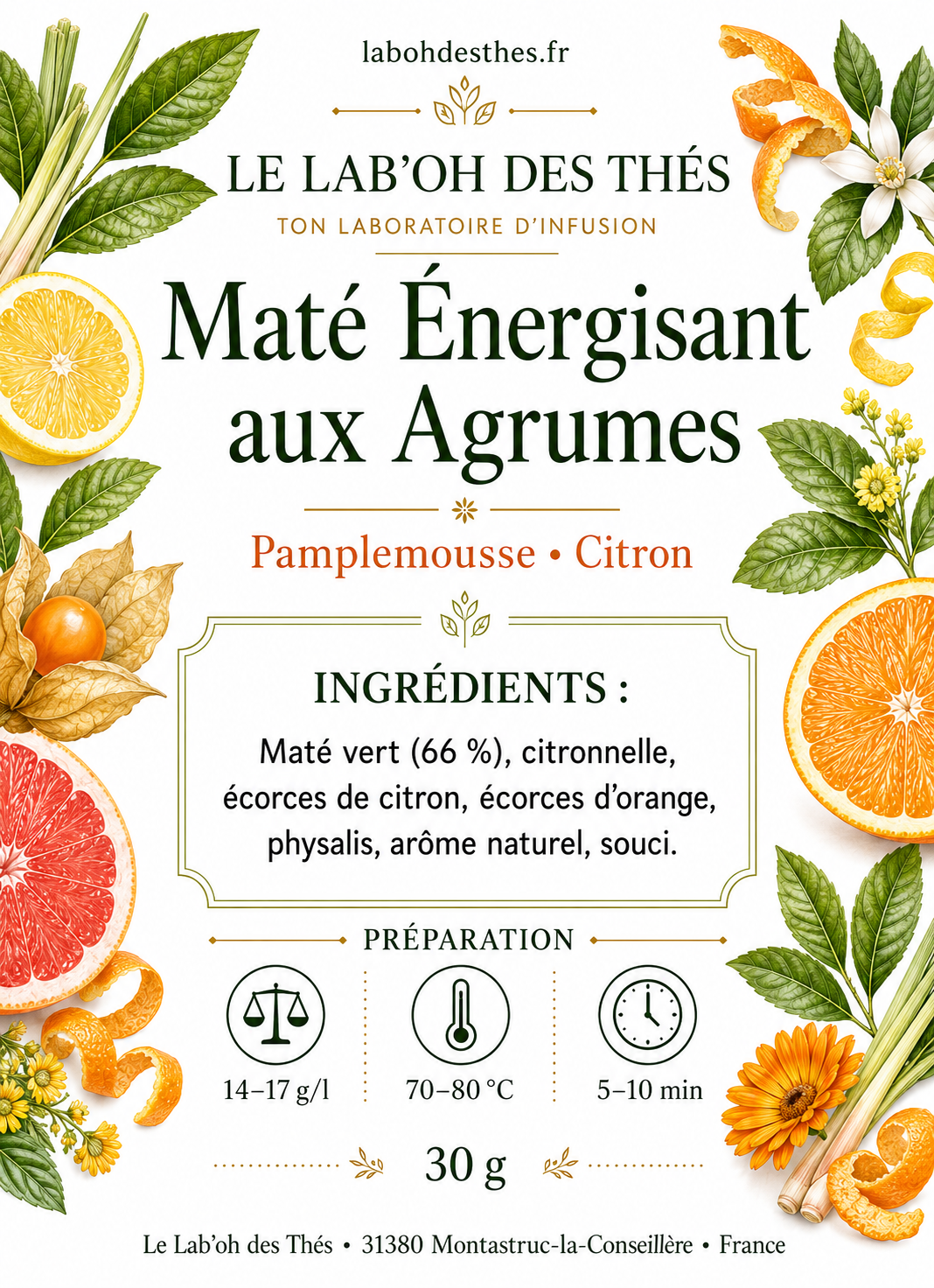 Étiquette Maté Énergisant aux Agrumes bio - composition maté vert citron pamplemousse orange