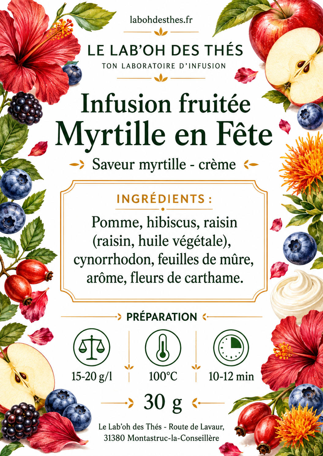 Étiquette Myrtille en Fête – composition myrtille hibiscus pomme cynorrhodon fleurs de carthame – Le Lab'oh des Thés