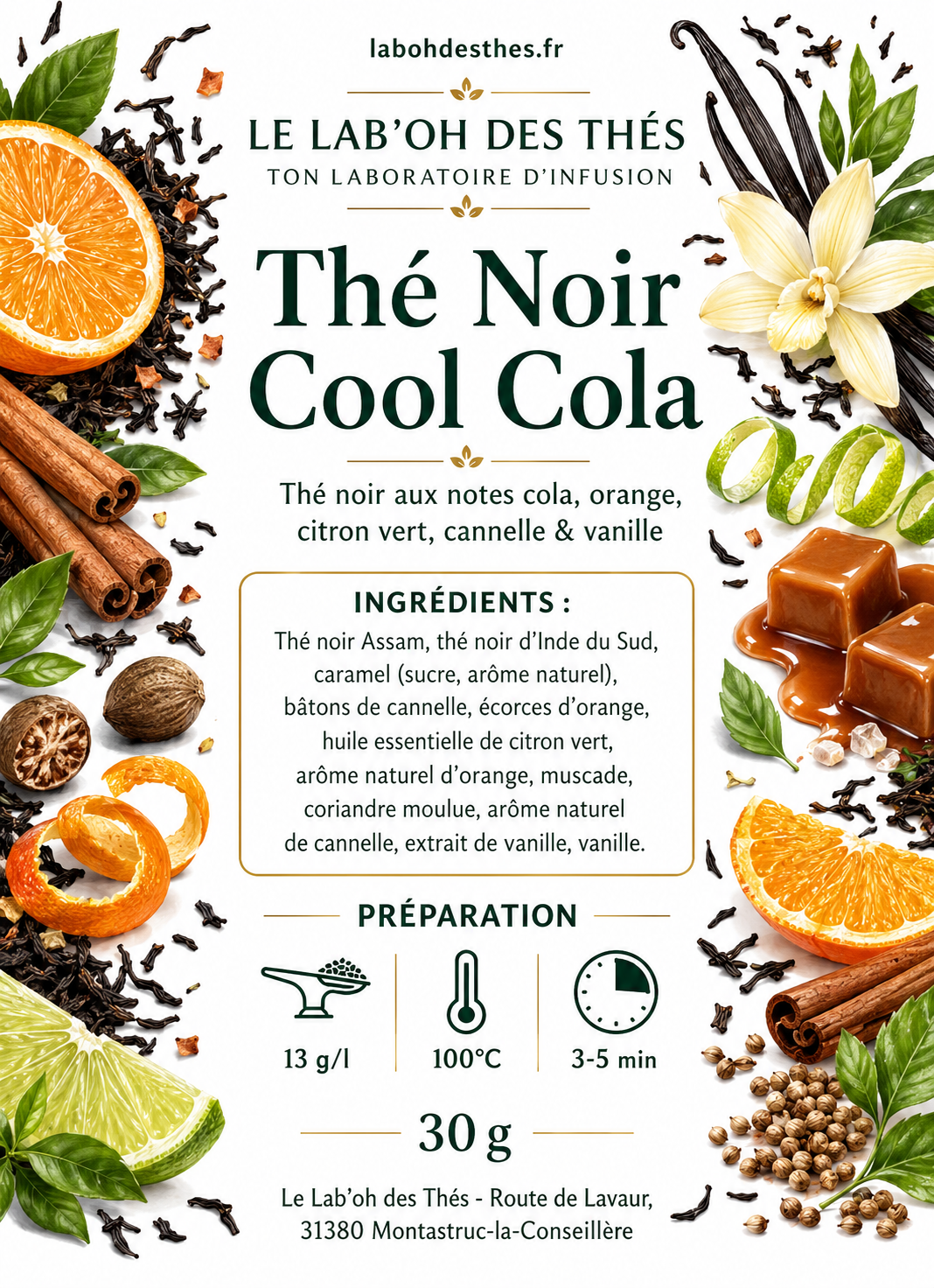 Étiquette Thé Noir Cool Cola bio - composition assam cannelle orange vanille épicé