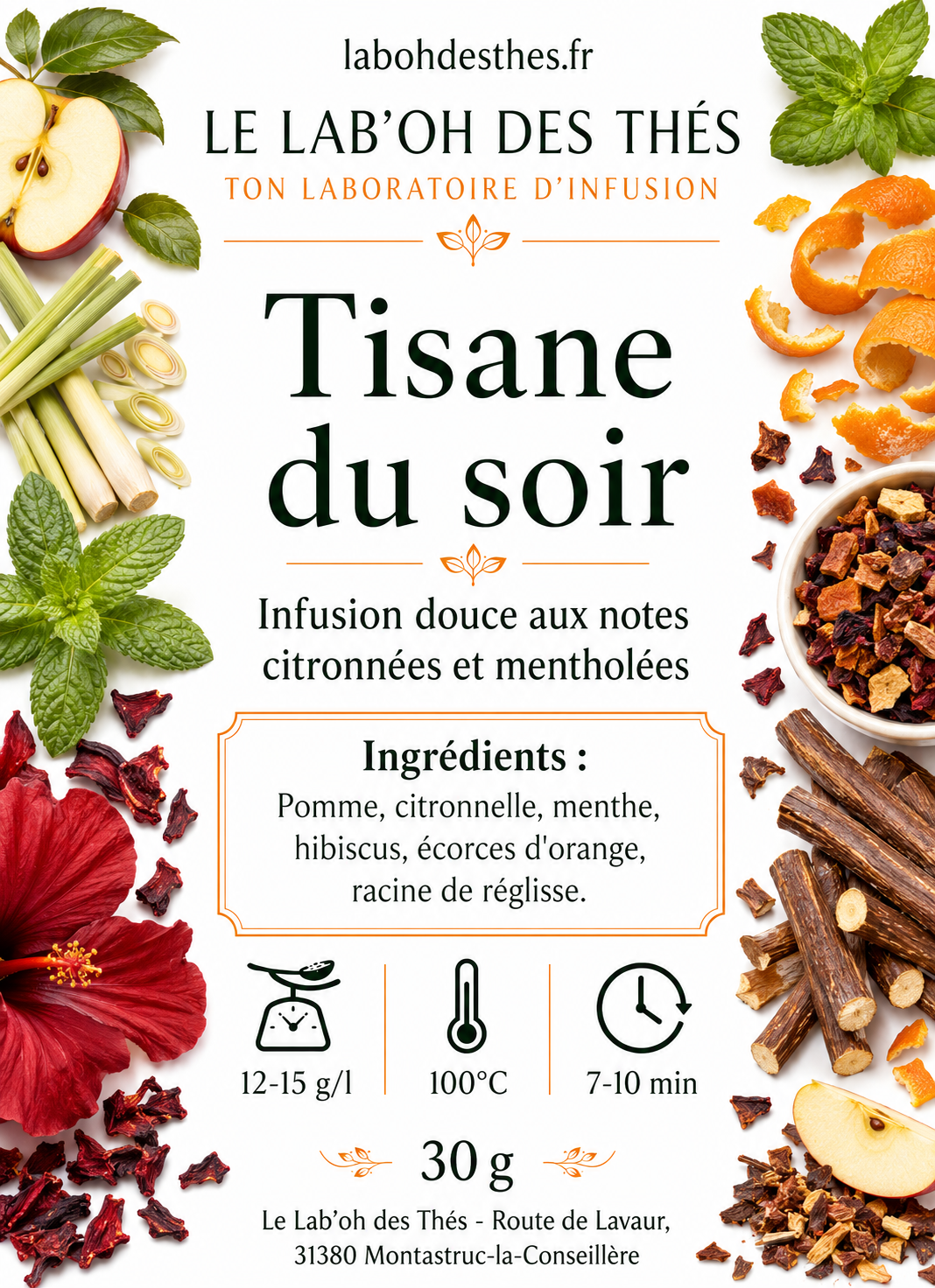 Étiquette Tisane du Soir – composition pomme menthe citronnelle hibiscus écorces d'orange réglisse – Le Lab'oh des Thés