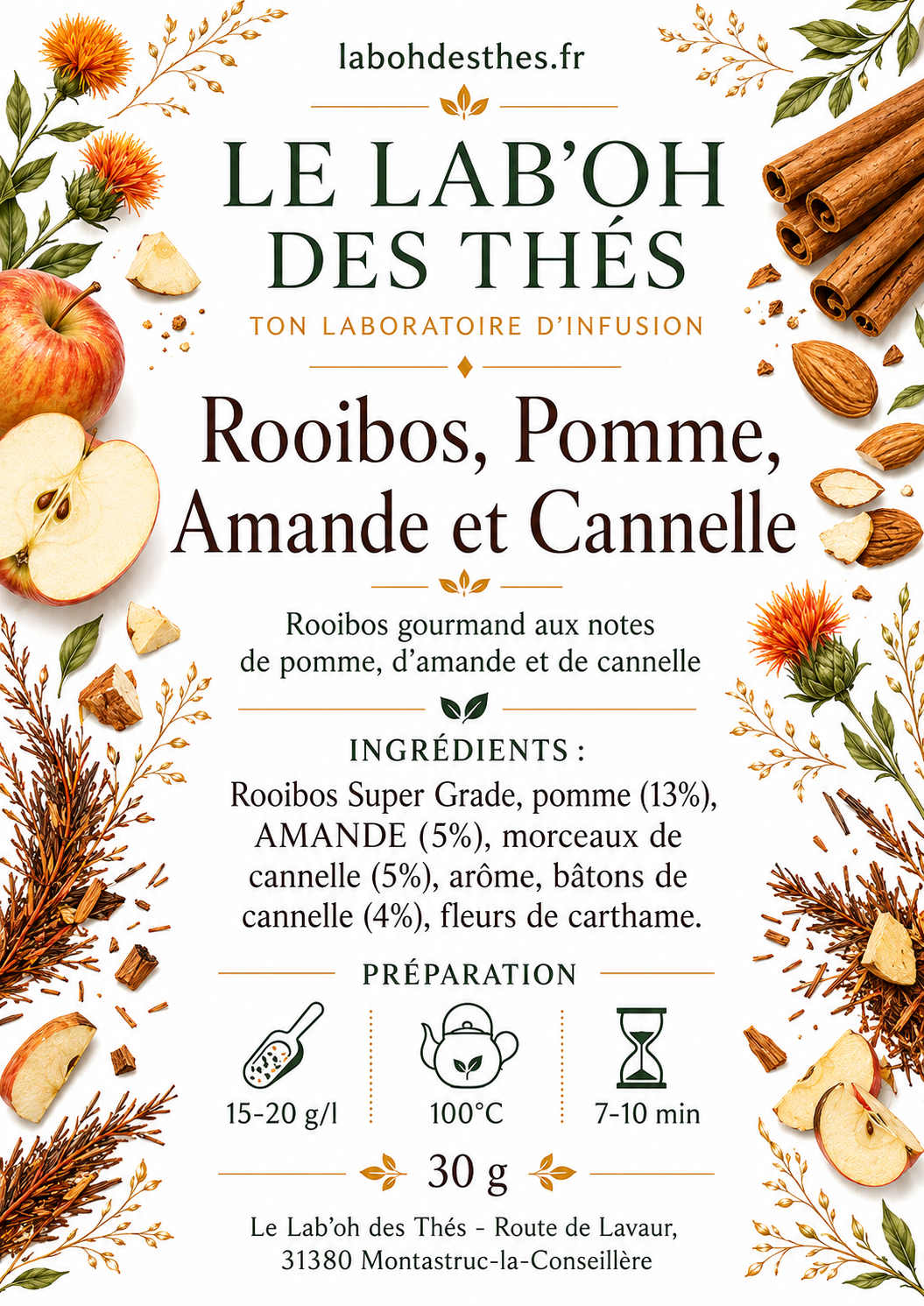 Étiquette rooibos Pomme, Amande, Cannelle – composition rooibos pomme amande cannelle carthame – Le Lab'oh des Thés