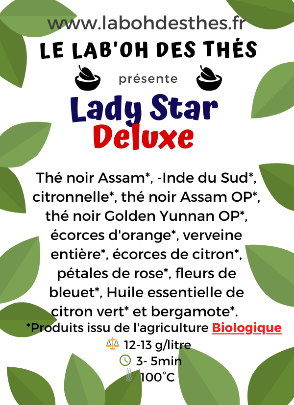 Étiquette Thé Noir Lady Star Deluxe - composition Assam bergamote orange citron énergisant raffiné